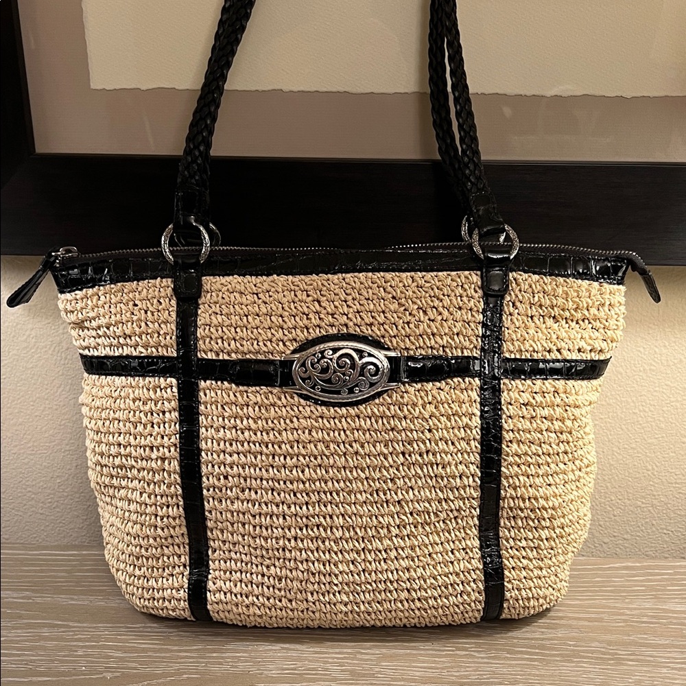 Brighton Tara Straw Shoulder Tote with Chic Croco Print Leather Trim in Black.